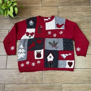 Croft & Barrow Vin Red, Black, White Zip Up Knitted Christmas Sweater Size XL